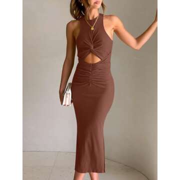 ANRABESS Womens Summer Formal Wedding Guest Dress Sexy Cutout Bodycon Slit Date Night Out Cocktail Dresses Resort Wear Brown Small