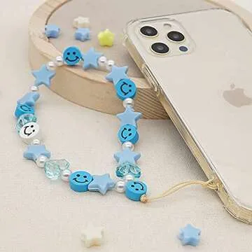 LUSTEMBER Beaded Phone Lanyard Wrist Strap Smiley Face Beaded Handmade Colorful Polymer Clay Acrylic Beads Pearl Phone Charm Strap for Women Girls