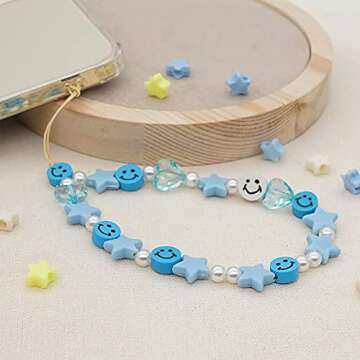 LUSTEMBER Beaded Phone Lanyard Wrist Strap Smiley Face Beaded Handmade Colorful Polymer Clay Acrylic Beads Pearl Phone Charm Strap for Women Girls