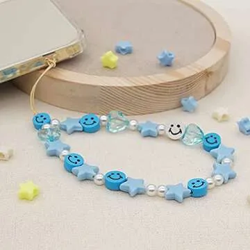 LUSTEMBER Beaded Phone Lanyard Wrist Strap Smiley Face Beaded Handmade Colorful Polymer Clay Acrylic Beads Pearl Phone Charm Strap for Women Girls