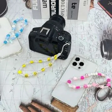 LUSTEMBER Beaded Phone Lanyard Wrist Strap Smiley Face Beaded Handmade Colorful Polymer Clay Acrylic Beads Pearl Phone Charm Strap for Women Girls