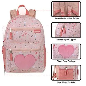Trail maker 17” Kids Character School Backpacks Plush for Girls with Side Pockets, Padded Straps (Plush Starry Hearts)