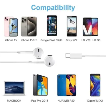 USB-C Headphones Wired for iPhone 15 & Galaxy Devices
