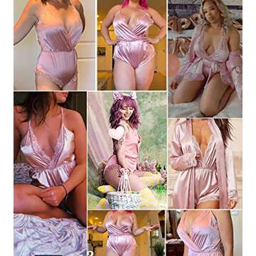 ADOME bridal lingerie Women Lingerie Bodysuit V Neck Teddy Lace Babydoll Satin Pajamas Short Jumpsuit Nightwear Pink M