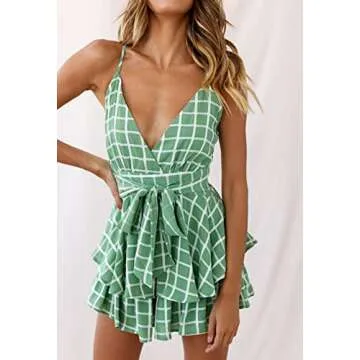 Fixmatti Women Stripes Romper Spaghetti Straps V Neck Bare Back Belted Chiffon Shorts Jumpsuits Green S