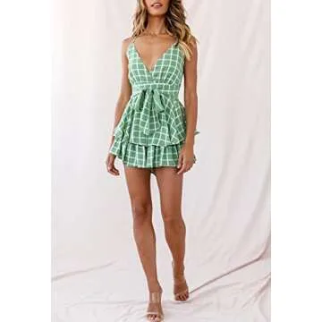 Fixmatti Women Stripes Romper Spaghetti Straps V Neck Bare Back Belted Chiffon Shorts Jumpsuits Green S