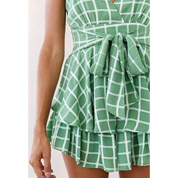 Fixmatti Women Stripes Romper Spaghetti Straps V Neck Bare Back Belted Chiffon Shorts Jumpsuits Green S