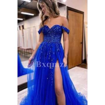 Tulle Prom Dress Lace Applique Long Ball Gown with Slit Off Shoulder Homecoming Dresses for Teens Du...