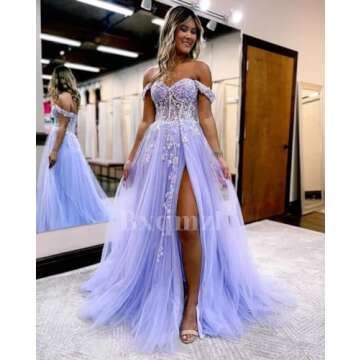 Tulle Prom Dress Lace Applique Long Ball Gown with Slit Off Shoulder Homecoming Dresses for Teens Dusty Blue Size 8