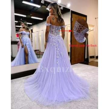 Tulle Prom Dress Lace Applique Long Ball Gown with Slit Off Shoulder Homecoming Dresses for Teens Dusty Blue Size 8