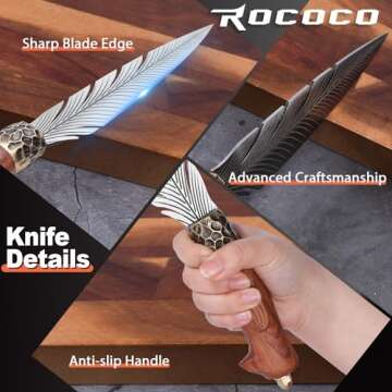 ROCOCO Feather Viking Knife Japanese Forged in Fire Boning Knife Fancy Kitchen Cleaver with Sheath Outdoor Camping BBQ Collection Birthday Thanksgiving Christmas Father Mother Gift 7"