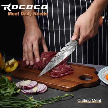 ROCOCO Feather Viking Knife Japanese Forged in Fire Boning Knife Fancy Kitchen Cleaver with Sheath Outdoor Camping BBQ Collection Birthday Thanksgiving Christmas Father Mother Gift 7"