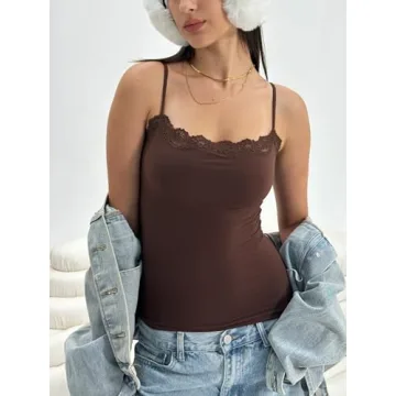 Starrylion Padded Lace Camisole Tops for Women Double Lined Sexy Square Neck Black Tank Top Going Out Outfits Club Party Shirt Cocoa XS