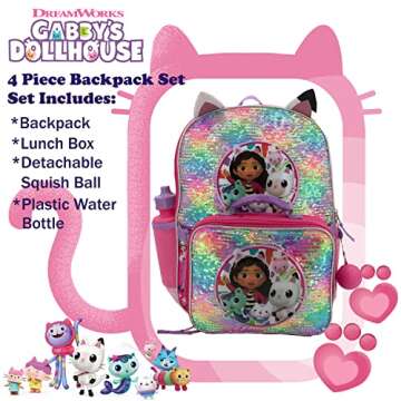 AI ACCESSORY INNOVATIONS Gabby’s Doll House 4 Piece Backpack Set, Flip Sequin 16" School Bag for Girls with Front Zip Pocket, Pink