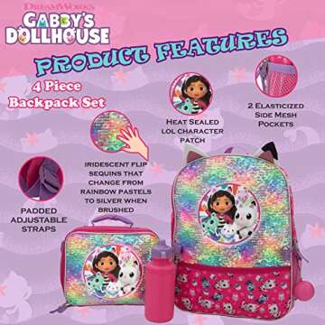 AI ACCESSORY INNOVATIONS Gabby’s Doll House 4 Piece Backpack Set, Flip Sequin 16" School Bag for Girls with Front Zip Pocket, Pink
