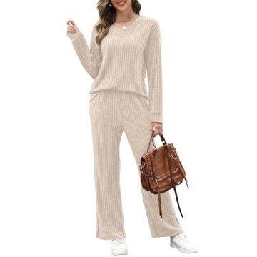 RUMIA Lounge Sets for Women 2 Piece Sweater Pant Sets with Pockets Vacation Outfits Beige S