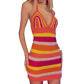 Sexy Knit Bodycon Dress for Women Y2K Summer Backless Deep V-Neck Halter Mini Dress Beach Party E-Gi...
