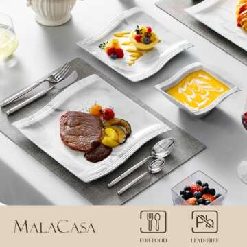 MALACASA 26 Pieces Dinnerware Sets for 6, Porcelain Plates and Bowls Sets, Square Dinnerware Set with Dinner Plates and Bowls, Dishes and Serving Platters, Marble Plates Dishware Sets, Series Flora