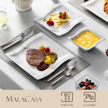 MALACASA 26 Pieces Dinnerware Sets for 6, Porcelain Plates and Bowls Sets, Square Dinnerware Set with Dinner Plates and Bowls, Dishes and Serving Platters, Marble Plates Dishware Sets, Series Flora