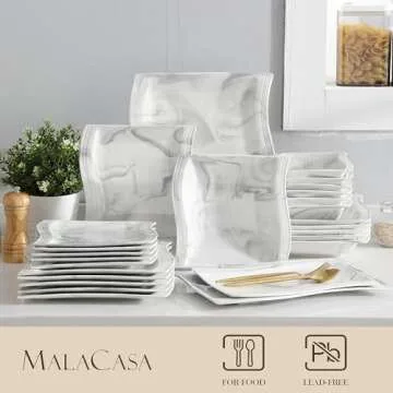 MALACASA 26 Pieces Dinnerware Sets for 6, Porcelain Plates and Bowls Sets, Square Dinnerware Set with Dinner Plates and Bowls, Dishes and Serving Platters, Marble Plates Dishware Sets, Series Flora