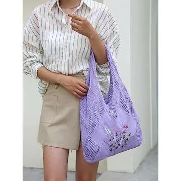 Stizimn Crochet Mesh Beach Tote Bag Shoulder Bag Handbags Knitting Hollow Summer Bag Hobo Bag Aesthetic for Women (Embroider-Purple)