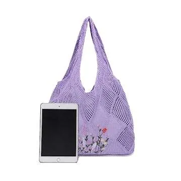 Stizimn Crochet Mesh Beach Tote Bag Shoulder Bag Handbags Knitting Hollow Summer Bag Hobo Bag Aesthetic for Women (Embroider-Purple)