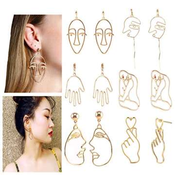 Mrotrida Face Earrings Set Abstract Art Human Face Hand Dangle Earring & Face Rings for Girls Fashion Geometric Statement Earrings Party Birthday Valentine's Day Christmas 6 Pair
