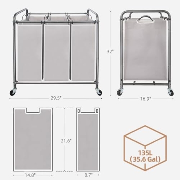 3 Section Laundry Sorter with Wheels Removable Bags Gray