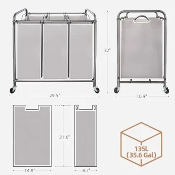 3 Section Laundry Sorter with Wheels Removable Bags Gray