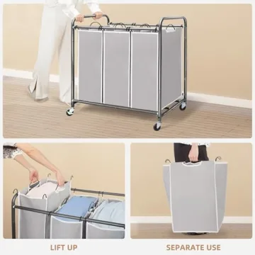 3 Section Laundry Sorter with Wheels Removable Bags Gray