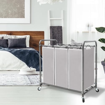 3 Section Laundry Sorter with Wheels Removable Bags Gray