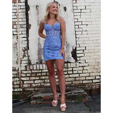 ICE BEAUTY Homecoming Dresses Short Cocktail Dresses Sweetheart Lace Prom Dress Lace Homecoming Dresses for Teens Dusty Blue