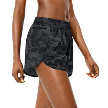 Soothfeel Womens Running Shorts with Zipper Pockets High Waisted Athletic Gym Workout Shorts for Women with Liner Grey Camo