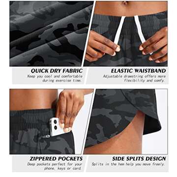 Soothfeel Womens Running Shorts with Zipper Pockets High Waisted Athletic Gym Workout Shorts for Women with Liner Grey Camo