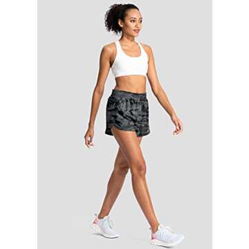 Soothfeel Womens Running Shorts with Zipper Pockets High Waisted Athletic Gym Workout Shorts for Women with Liner Grey Camo