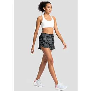 Soothfeel Womens Running Shorts with Zipper Pockets High Waisted Athletic Gym Workout Shorts for Women with Liner Grey Camo