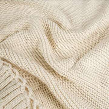 MH MYLUNE HOME Knitted Throw Blanket (47x71 inch) Handmade Farmhouse Boho Blanket Soft Cozy Tassel Blanket for Bed Sofa Couch, Ivory Cream