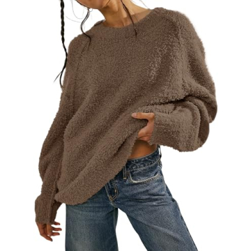 Beaully Women's Oversized Long Sleeve Crewneck Fuzzy Knit Warm Sweaters 2024 Fall Pullover Sweater Tops