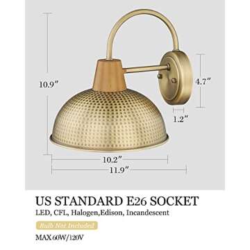 Outdoor Wall Sconces 2 Pack, HWH Gooseneck Barn Wall Light Fixtures Indoor/Outdoor, Vintage Exterior Wall Sconce Porch Lights with Hammered Metal Shade, Antique Brass Finish, 5HZG70B-2 BG