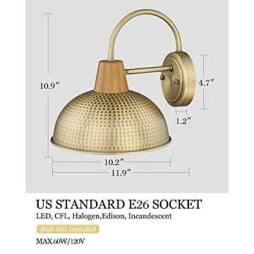 Outdoor Wall Sconces 2 Pack, HWH Gooseneck Barn Wall Light Fixtures Indoor/Outdoor, Vintage Exterior Wall Sconce Porch Lights with Hammered Metal Shade, Antique Brass Finish, 5HZG70B-2 BG