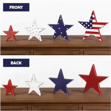 Treory 4th of July Decorations, 4pcs July 4th Patriotic Tiered Tray Decor Wooden Star Sign, Vintage Star Shaped Wood Blocks, Rustic American Memorial Day Table Decor for Independence Day Home Décor