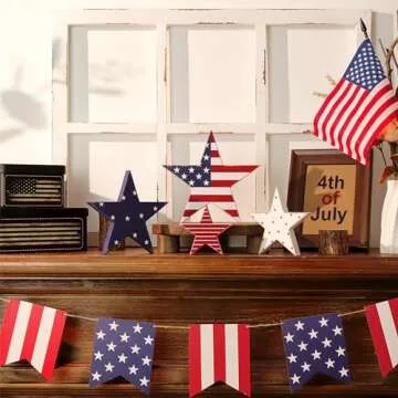 Treory 4th of July Decorations, 4pcs July 4th Patriotic Tiered Tray Decor Wooden Star Sign, Vintage Star Shaped Wood Blocks, Rustic American Memorial Day Table Decor for Independence Day Home Décor
