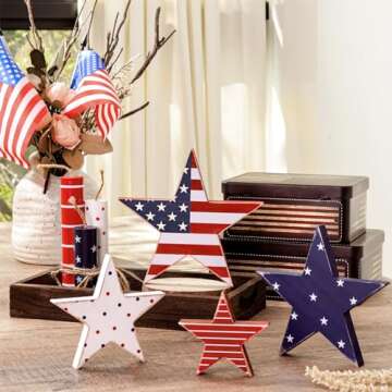 Treory 4th of July Decorations, 4pcs July 4th Patriotic Tiered Tray Decor Wooden Star Sign, Vintage Star Shaped Wood Blocks, Rustic American Memorial Day Table Decor for Independence Day Home Décor