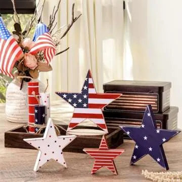 Treory 4th of July Decorations, 4pcs July 4th Patriotic Tiered Tray Decor Wooden Star Sign, Vintage Star Shaped Wood Blocks, Rustic American Memorial Day Table Decor for Independence Day Home Décor