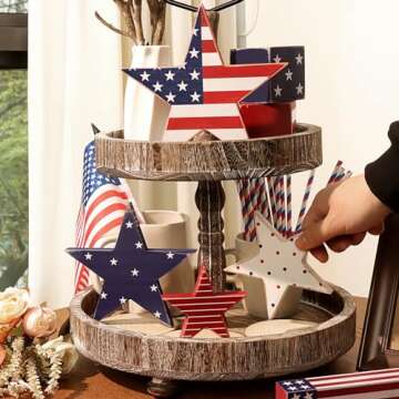 Treory 4th of July Decorations, 4pcs July 4th Patriotic Tiered Tray Decor Wooden Star Sign, Vintage Star Shaped Wood Blocks, Rustic American Memorial Day Table Decor for Independence Day Home Décor