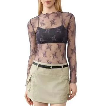 KTILG Lace Long Sleeve Top for Women Mock Neck See Through Shirt Fitted Top Floral Sheer Mesh Tops C...