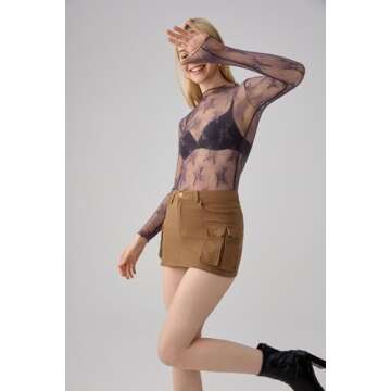 KTILG Lace Long Sleeve Top for Women Mock Neck See Through Shirt Fitted Top Floral Sheer Mesh Tops Club wear Grey S