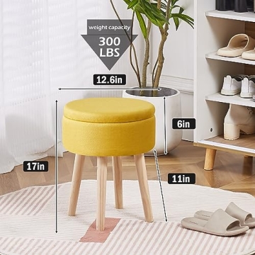 Mxfurhawa Storage Ottoman Foot Stool Linen Round Vanity Stool Tray Top Footstool with Wood Legs Multifunctional Upholstered Foot Rest Ottoman for Living Room, Bathroom, Makeup (Yellow)