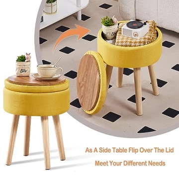 Mxfurhawa Storage Ottoman Foot Stool Linen Round Vanity Stool Tray Top Footstool with Wood Legs Multifunctional Upholstered Foot Rest Ottoman for Living Room, Bathroom, Makeup (Yellow)