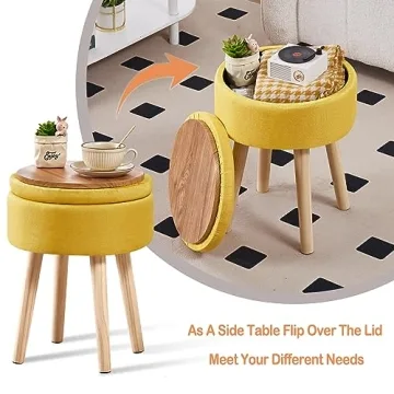 Mxfurhawa Storage Ottoman Foot Stool Linen Round Vanity Stool Tray Top Footstool with Wood Legs Multifunctional Upholstered Foot Rest Ottoman for Living Room, Bathroom, Makeup (Yellow)